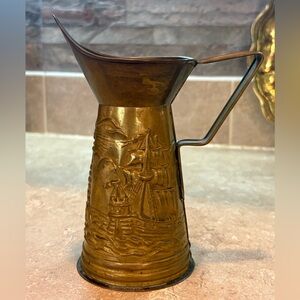 Vintage Brass Tone Nautical Pitcher Ship Lighthouse Embossed Metal Decor